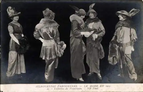 Ak Pariser Silhouetten, Toilettes de Printemps, 1913, Damenmode