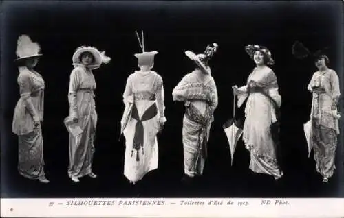 Ak Pariser Silhouetten, Sommermode 1913, Damen in Kleidern, Schirme