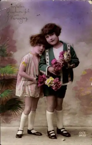 Ak Glückwunsch zum Namenstag, Kinder mit Blumen
