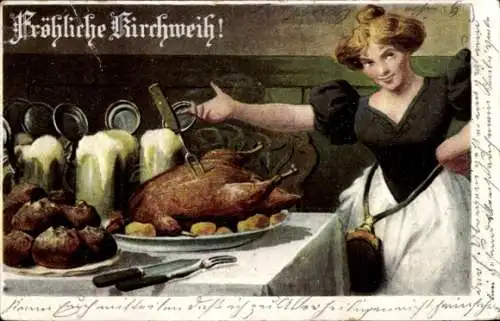 Künstler Ak Fröhliche Kirchweih, Frau, Essen, Bierkrüge, Entenbraten