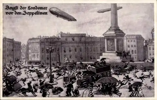 Künstler Ak London, Angst der Londoner vor den Zeppelinen, Trafalgar Square, I WK