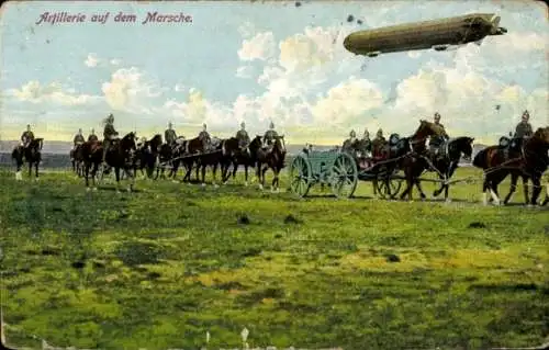 Ak Artillerie auf dem Marsche, Soldaten, Zugpferde