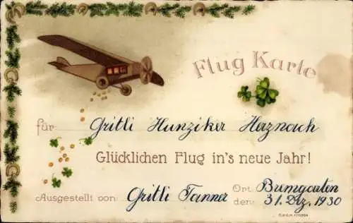 Ak Glückwunsch Neujahr, Flugzeug, Münzen, Hufeisen, Glücksklee