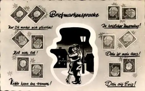 Ak Briefmarkensprache, Küssendes Liebespaar, Dein auf Ewig