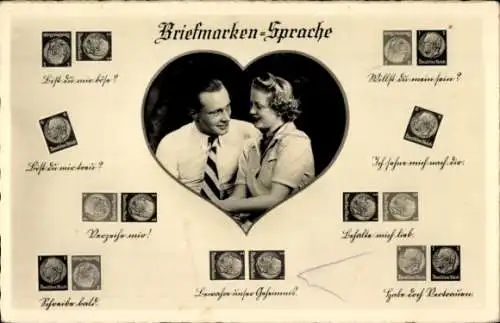 Ak Briefmarkensprache, Liebespaar, Willst du mein sein, Verzeihe mir