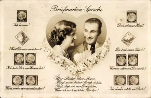 Briefmarken Ak Briefmarken Sprache, Liebespaar, Amag 67366/4