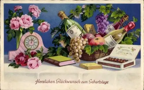 Ak Glückwunsch Geburtstag, Sektflaschen, Weintrauben, Uhr, Blumen