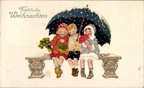 Ak Glückwunsch Neujahr, Kinder mit Kleeblättern und Fliegenpilz auf einer Bank, Schirm