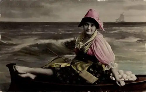 Ak Glückwunsch Ostern, Frau im Ruderboot, Werbung, Butter-Verkauf Wilhelm Sichter