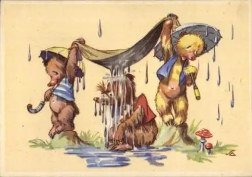 Künstler Ak Bären im Regen, Schirme, Pilze