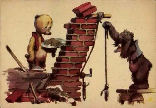 Künstler Ak Salac, A. L., Bären, Maurer, Schiefe Wand