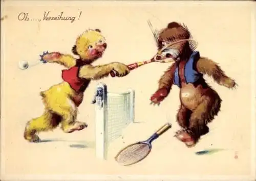 Künstler Ak Tennisplatz, Bären vermenschlicht, Tennisschläger