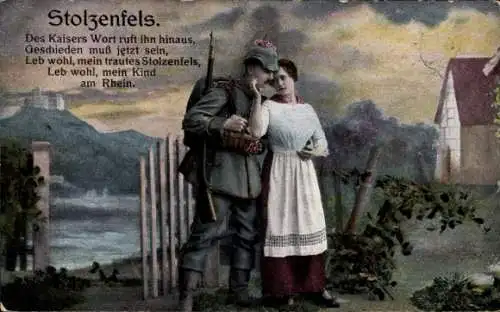 Ak Stolzenfels, Soldat und Frau beim Abschied, Des Kaisers Wort ruft ihn hinaus