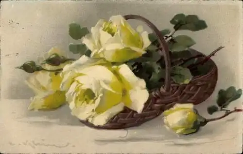 Künstler Litho Klein, Catharina, Gelbe Rosen, Korb, Meissner & Buch 1934