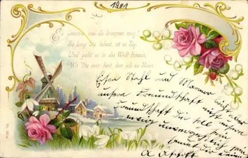 Litho Kitsch, Blumen, Rosen, Windmühle