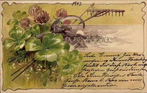 Litho Glücksklee, Kitsch, Heugarben, Ernte, Harke, Sichel