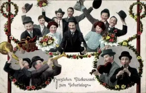 Ak Glückwunsch Geburtstag, Gratulanten, Musizierende Männer, Blumen