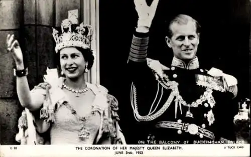 Ak HRH Königin Elizabeth und Herzog winken vom Balkon, Krönung 1953