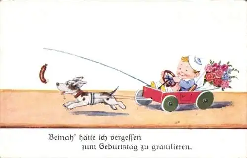 Ak Glückwunsch Geburtstag, Hund zieht einen Wagen, Blumen, Wurst