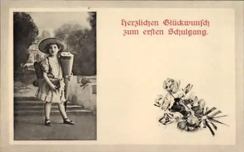 Ak Glückwunsch Einschulung, Kind, Schultüte, Blumen