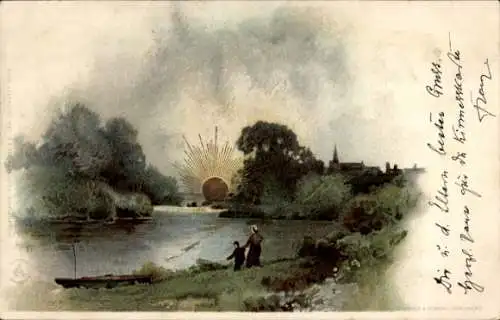 Künstler Ak Landschaftsmotiv, Sonnenaufgang über dem Fluss