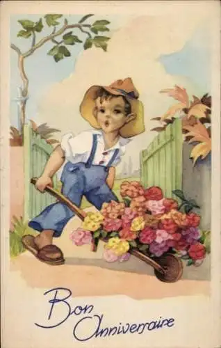 Ak Glückwunsch Geburtstag, Junge, Schubkarre, Blumen