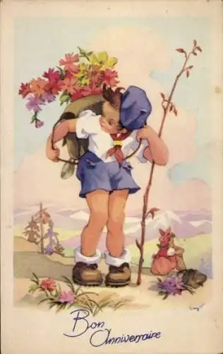 Ak Glückwunsch Geburtstag, Junge, Rucksack, Blumen