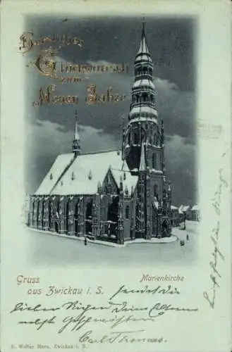 Mondschein Ak Zwickau in Sachsen, Marienkirche, Glückwunsch Neujahr