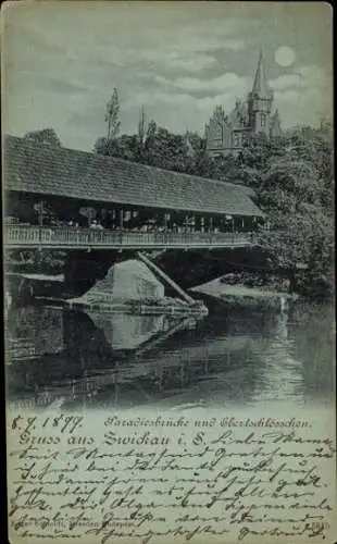 Mondschein Ak Zwickau in Sachsen, Paradiesbrücke und Ebertschlösschen