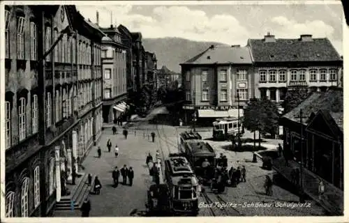Ak Teplice Šanov Teplitz Schönau Region Aussig, Schulplatz, Straßenbahnen