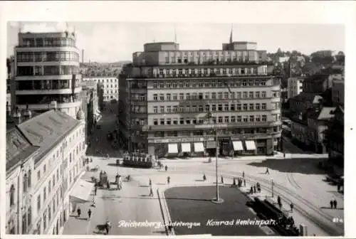 Ak Liberec Reichenberg Stadt, Linoleumhaus, Straßenbahn
