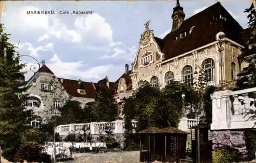 Ak Mariánské Lázně Marienbad Region Karlsbad, Café Rübezahl, historische Architektur, Gartenbe...