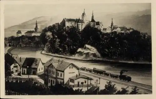 Ak Loket Elbogen Region Königgrätz, Stadtansicht, Burg, Häuser, Bahnlinie, Fluss