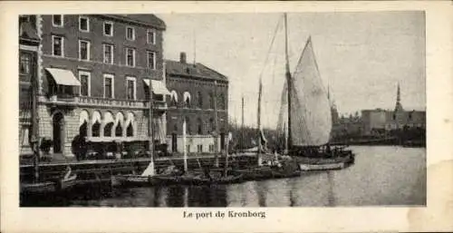 Ak Helsingør Helsingör Dänemark, Kronborg Slot, Schloss, Hafenansicht, JERNBANE HOTEL, Segelboote