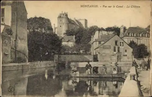 Ak Montargis Loiret, Blick auf den Kanal, das Schloss, Boot, Häuser, Bäume