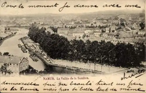 Ak Tamines Sambreville Wallonien Namur, Ansicht auf die Sambre, Stadtansicht, junge Dame, Tanz