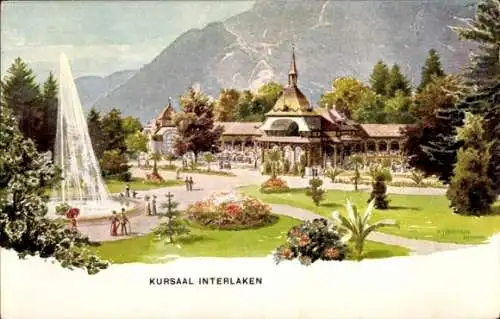 Ak Interlaken Kanton Bern Schweiz, Kursaal  Brunnen, Berge, Parkanlage, Menschen
