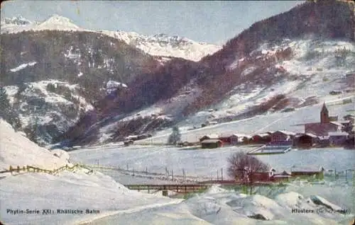 Ak Klosters Platz Kt. Graubünden Schweiz, Schneebedeckte Landschaft, Rhätische Bahn, Berge, Dörfe