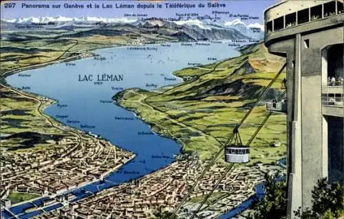 Ak Genève Genf Schweiz, Panoramablick auf  den Genfersee, Seilbahn zum Salève