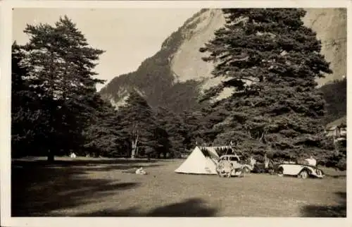 Ak Landquart Kanton Graubünden, Zeltplatz, Berge, Bäume, Auto, Camping