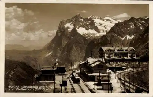 Ak Kanton Bern, Berner Oberland, Kleine Scheidegg, Berglandschaft, Wetterhorn, Gebäude, Eisenbahn