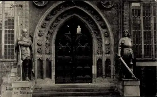Ak Schnoor Bremen, Ritterstatue, Westportal, Rathaus Bremen
