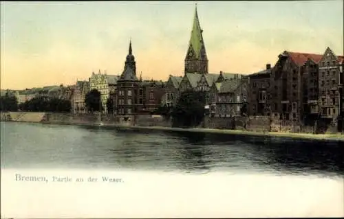 Ak Hansestadt Bremen,  Partie an der Weser, Fluss, Häuser, Bauwerke, Himmel