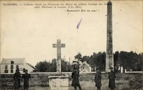 Ak Ploermel Morbihan, Säule für Helden des Kampfes, Kreuz monumentale, Soldaten