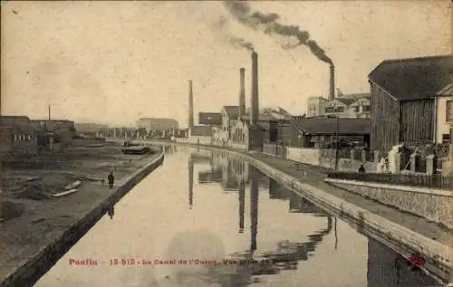 Ak Pantin Seine Saint Denis, Bild vom Canal de l'Oureg, Industriegebäude, rauchende Schornsteine