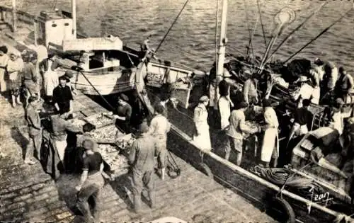 Ak Quiberon Morbihan, Fischer am Hafen, Boote, Fischverladung, Geschichte von Quiberon
