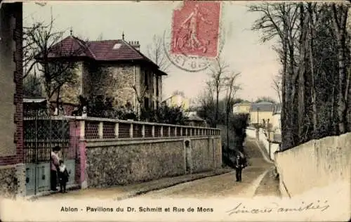 Ak Ablon Val de Marne, Pavillons du Dr. Schmitt, Rue de Mons, Häuser, Bäume, Straße, Personen