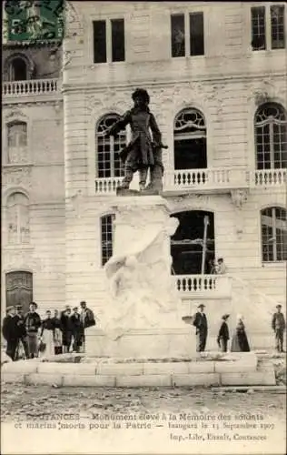 Ak Coutances Manche, Monument für gefallene Soldaten, Statue, Einweihung 1907