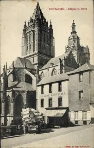 Ak Coutances Manche, Kirche St. Pierre, Architektur, Detailansicht, Geschäft ELAUNE COUTELIER
