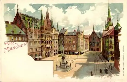 Künstler Litho Münch, München, Marienplatz, Rathaus